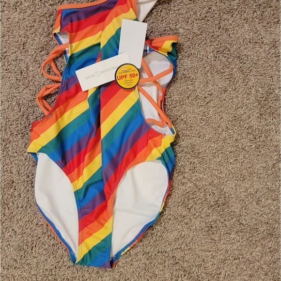 Treasure & Bond Cutout 1 Pc Swimsuit UPF 50+ Orange Vibrant Multi Stripe 🌈 14 - Picture 5 of 5
